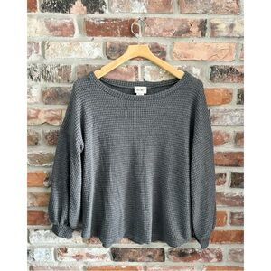 Bibi Gray Waffle Knit Balloon Sleeve Long Sleeve Top